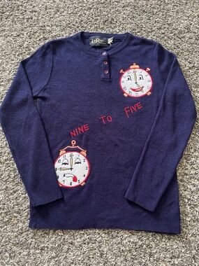LeRoy Knitwear "Nine To Five" Navy Blue Embroidered Sweater W/ Clock Appliqués
